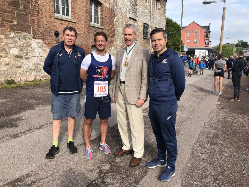 Lord Mayor Peter Holland with Exeter City Community Trust team after starting the marathon 2019